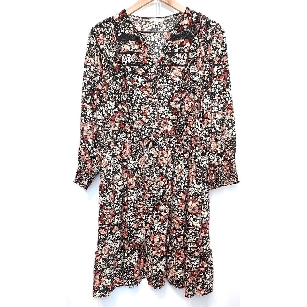 Fat Face Porth Blush Floral Dot Print Midi Long Sleeve Ruffle Lace V-Neck Dress
